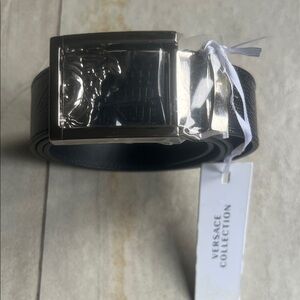 Versace Black Leather Belt with Silver Medusa-Embossed Buckle